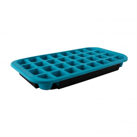 Avanti 32 Cup Flex Ice Cube Tray in blue, made of flexible silicone for easy ice release, includes sturdy carry tray.