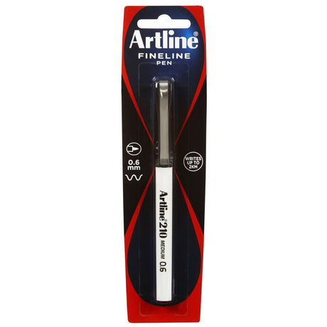 Artline 210 Fineliner Pen with 0.6mm tip in black, suitable for precise writing and drawing without smudging or bleeding.