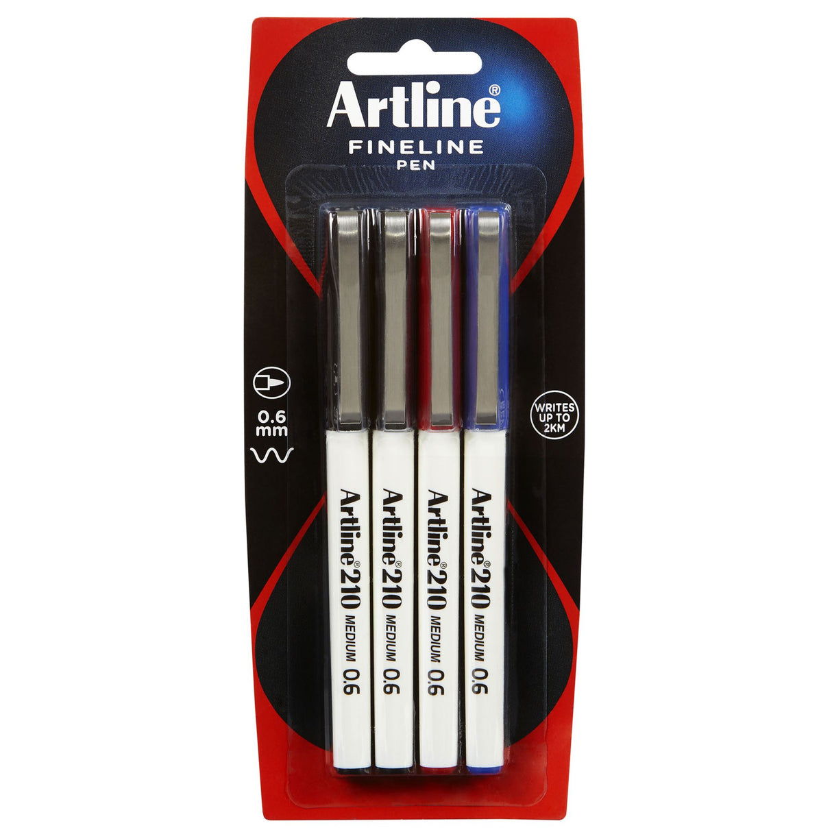 Artline 210 4-piece fineliner pen set features 0.6mm tips, assorted colors, water-based ink, perfect for writing and drawing.