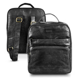 Black Pierre Cardin leather backpack with main zippered compartment, front pocket, top handle, and adjustable straps.