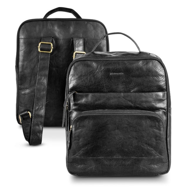 Black Pierre Cardin leather backpack with main zippered compartment, front pocket, top handle, and adjustable straps.