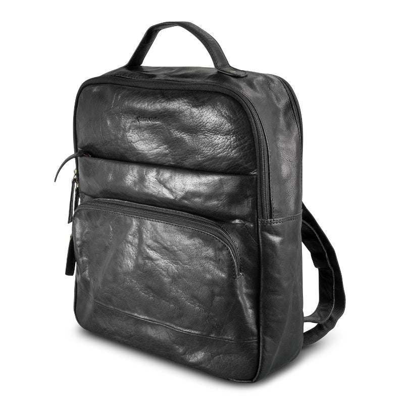 Black Pierre Cardin leather backpack featuring a spacious zippered compartment, front pocket, and adjustable straps for comfort.