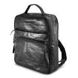 Black Pierre Cardin leather backpack featuring a spacious zippered compartment, front pocket, and adjustable straps for comfort.