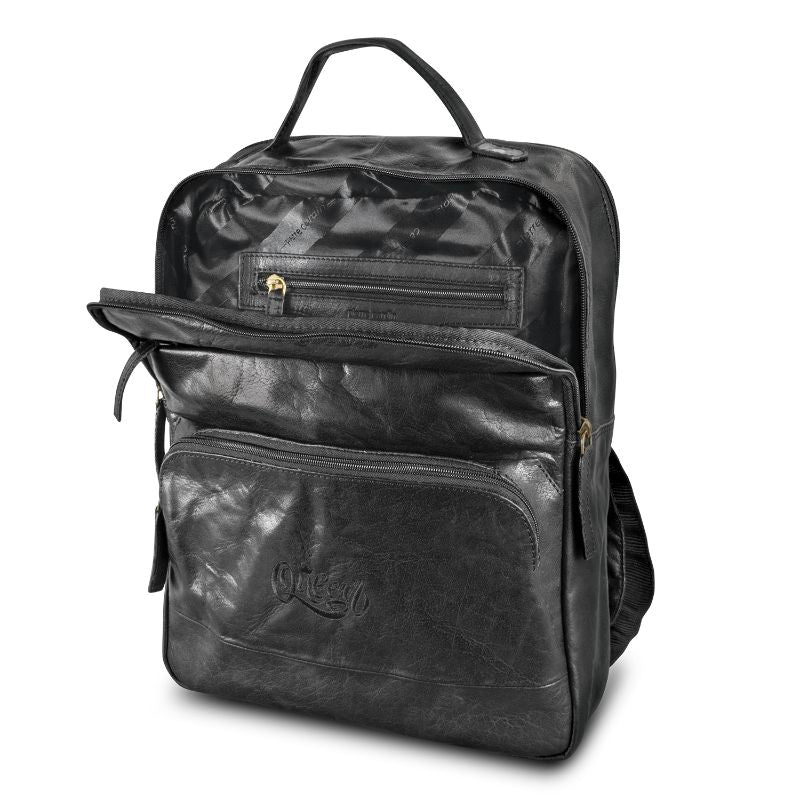 Black Pierre Cardin leather backpack with adjustable straps, zippered pockets, and embossed logo for modern style and functionality.