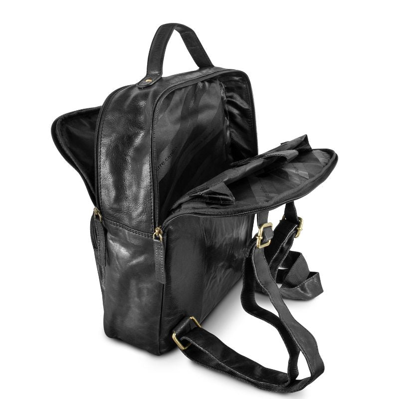 Black leather backpack by Pierre Cardin with spacious compartments, adjustable straps, and embossed logo, perfect for daily use.