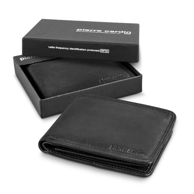 Elegant black leather wallet by Pierre Cardin, featuring RFID protection, multiple card slots, and a zippered coin pocket.