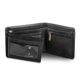 Black leather wallet by Pierre Cardin featuring RFID protection, multiple card slots, and a zippered coin pocket.
