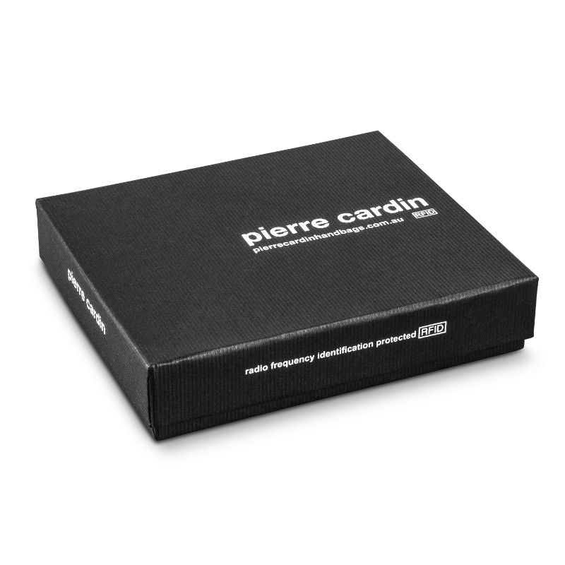 Black leather wallet by Pierre Cardin featuring multiple card slots, an ID slot, zippered pockets, and RFID protection.