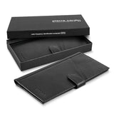 Black Pierre Cardin leather passport wallet with RFID protection, zippered pocket, and 20+ card slots in a gift box.