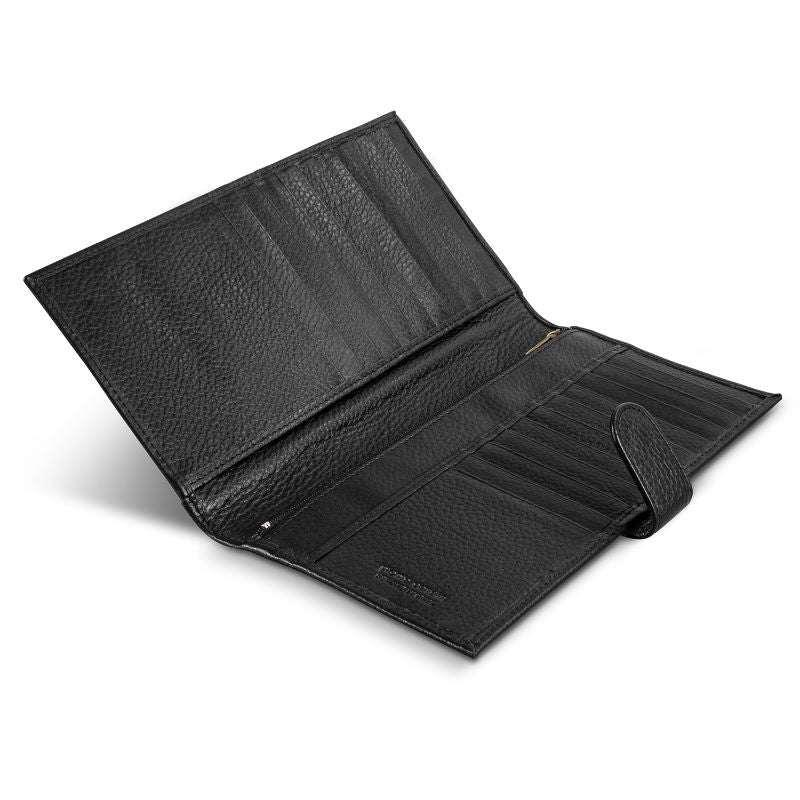Elegant black Pierre Cardin leather passport wallet featuring RFID protection, zippered pocket, 20+ card slots, and stylish design.