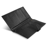 Elegant black Pierre Cardin leather passport wallet featuring RFID protection, zippered pocket, 20+ card slots, and stylish design.