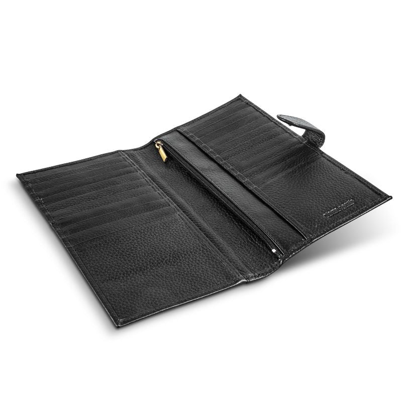 Elegant black leather passport wallet by Pierre Cardin, featuring RFID protection and 20+ card slots for stylish travel organization.