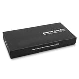 Elegant black leather passport wallet by Pierre Cardin, featuring RFID protection, card slots, and zippered pocket for travelers.
