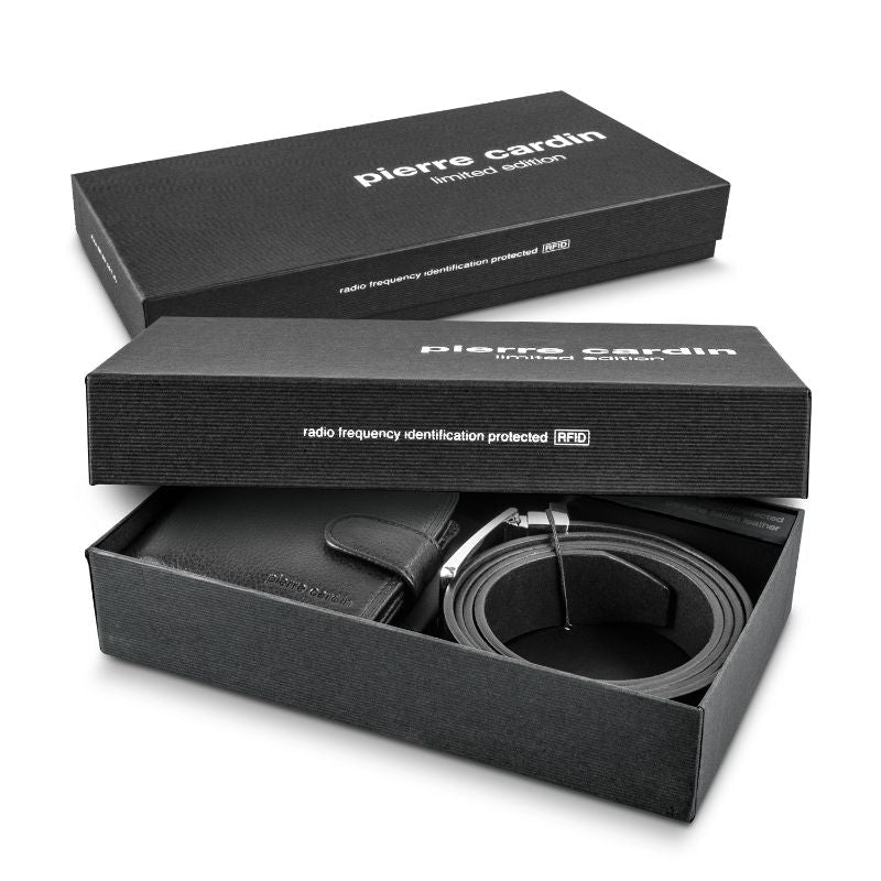 Black leather wallet and belt gift set by Pierre Cardin, featuring RFID protection and a sleek design, in elegant packaging.