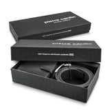 Black leather wallet and belt gift set by Pierre Cardin, featuring RFID protection and a sleek design, in elegant packaging.