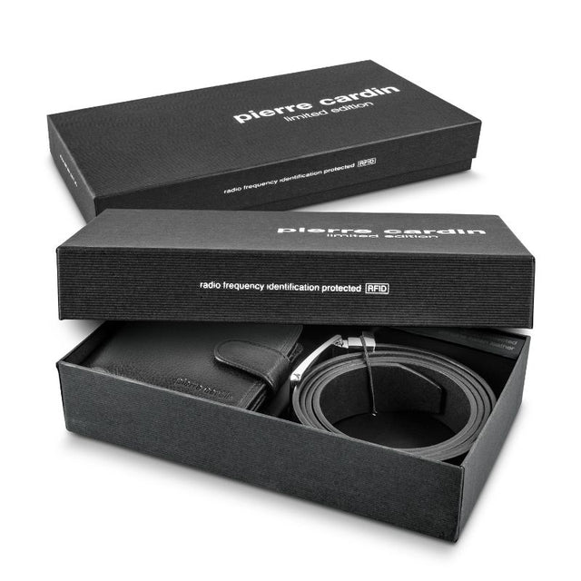 Black leather wallet and belt gift set by Pierre Cardin, featuring RFID protection and a sleek design, in elegant packaging.