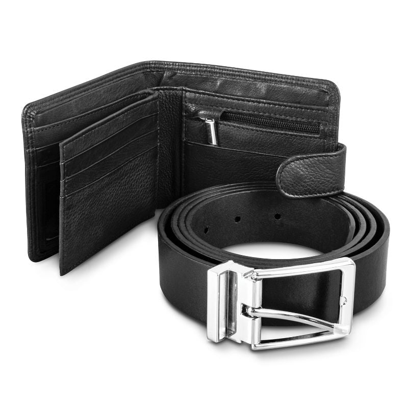 Elegant black leather wallet and belt gift set by Pierre Cardin, featuring RFID protection, adjustable belt, and luxurious craftsmanship.