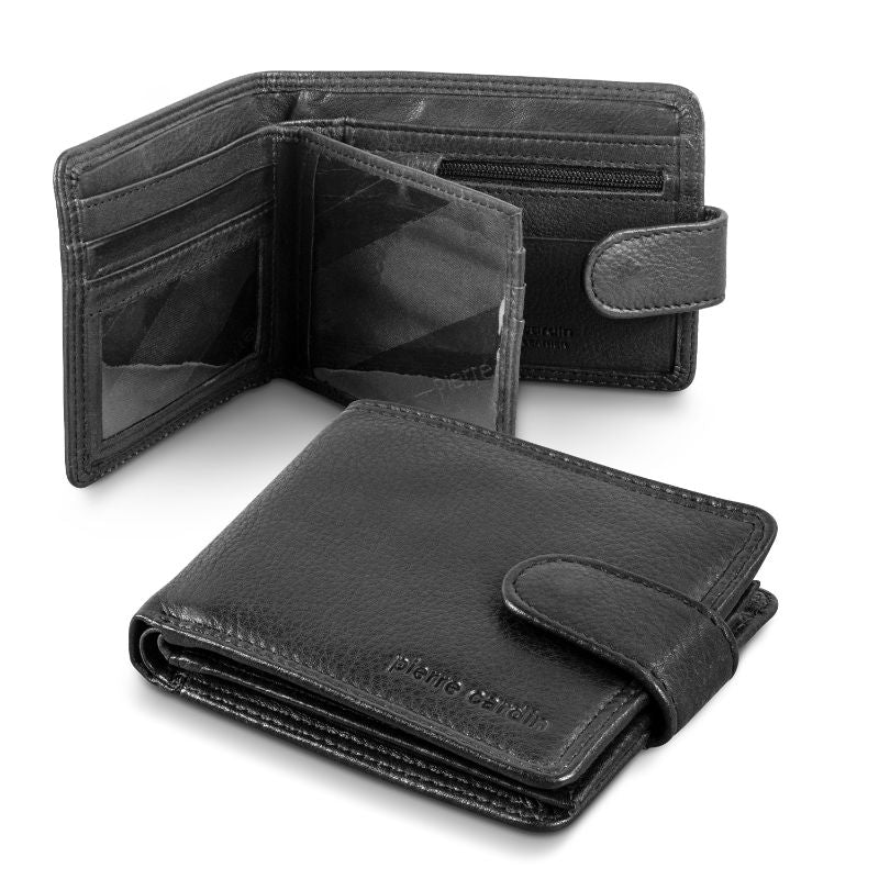 Luxurious black leather wallet and belt set by Pierre Cardin with RFID protection, card holders, and sleek metal buckle.