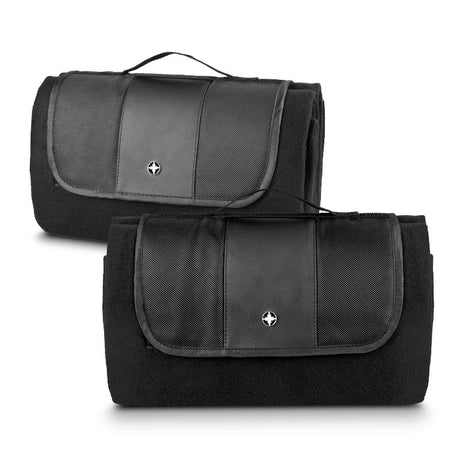 Swiss Peak black picnic blanket with plush fleece, foam backing, and Velcro closure, perfect for outdoor adventures.