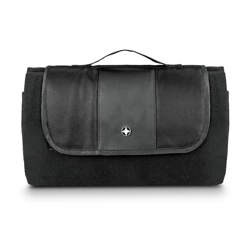 Black Swiss Peak picnic blanket featuring plush fleece, foam backing, and Velcro closure for easy transport and comfort.
