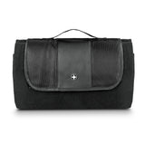 Black Swiss Peak picnic blanket featuring plush fleece, foam backing, and Velcro closure for easy transport and comfort.