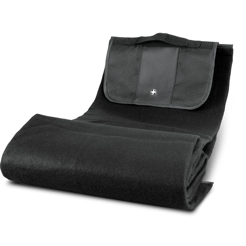 Swiss Peak black picnic blanket with plush fleece, cushioned foam backing, compact design, perfect for outdoor adventures.