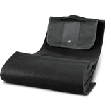 Swiss Peak black picnic blanket with plush fleece, cushioned foam backing, compact design, perfect for outdoor adventures.