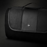 Swiss Peak black picnic blanket with plush fleece and foam backing, perfect for outdoor adventures, folding easily for transport.
