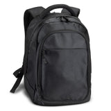 Sleek black Legacy Laptop Backpack fits up to 15.6-inch laptops, made from durable 1680D polyester with multiple pockets.