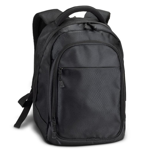 Sleek black Legacy Laptop Backpack fits up to 15.6-inch laptops, made from durable 1680D polyester with multiple pockets.