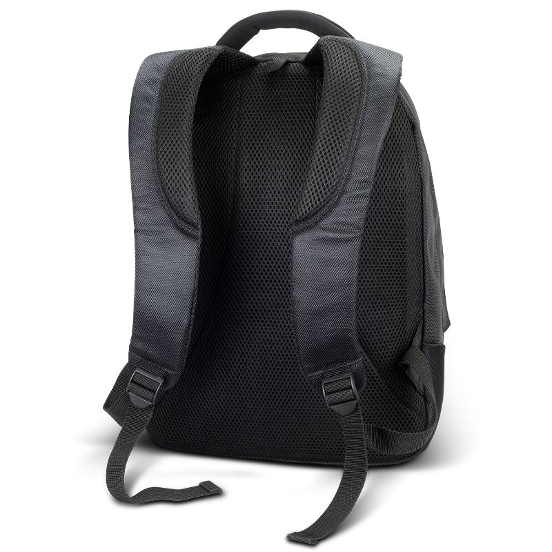 Stylish black backpack for laptops up to 15.6 inches, featuring durable polyester and multiple organizing pockets.