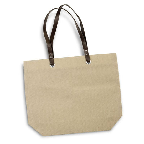 Eco-friendly Wanaka Natural Tote Bag in natural linen with stylish brown PU handles, perfect for shopping and errands.