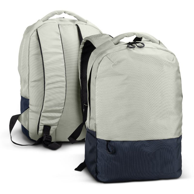 Grey/Navy Ascent Laptop Backpack showcasing durable 900D Nylon, padded straps, top handle, and spacious zippered pocket.