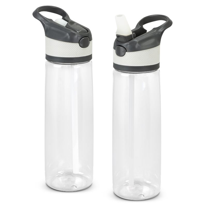 Set of 6 translucent white 800ml water bottles with durable design, screw-on lid, and flip-out straw valve for on-the-go hydration.
