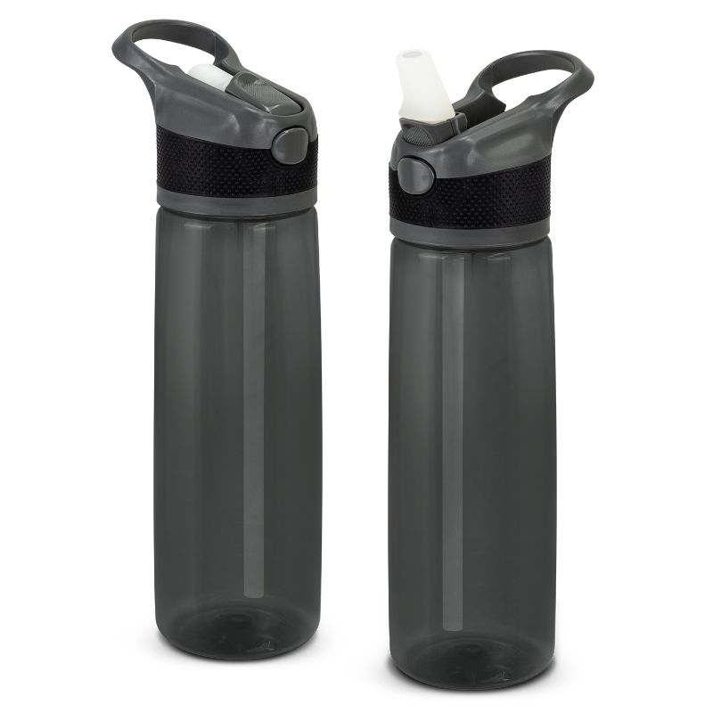 Pack of 6 sleek translucent black 800ml water bottles with secure lids, carry handles, and convenient flip-out straws.