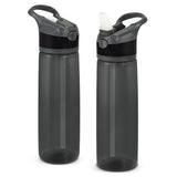 Pack of 6 sleek translucent black 800ml water bottles with secure lids, carry handles, and convenient flip-out straws.