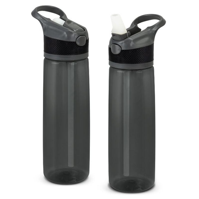 Pack of 6 sleek translucent black 800ml water bottles with secure lids, carry handles, and convenient flip-out straws.