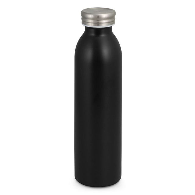 Set of 3 sleek matt black vacuum bottles, 600ml, designed for hot/cold drinks with a secure screw-on lid.