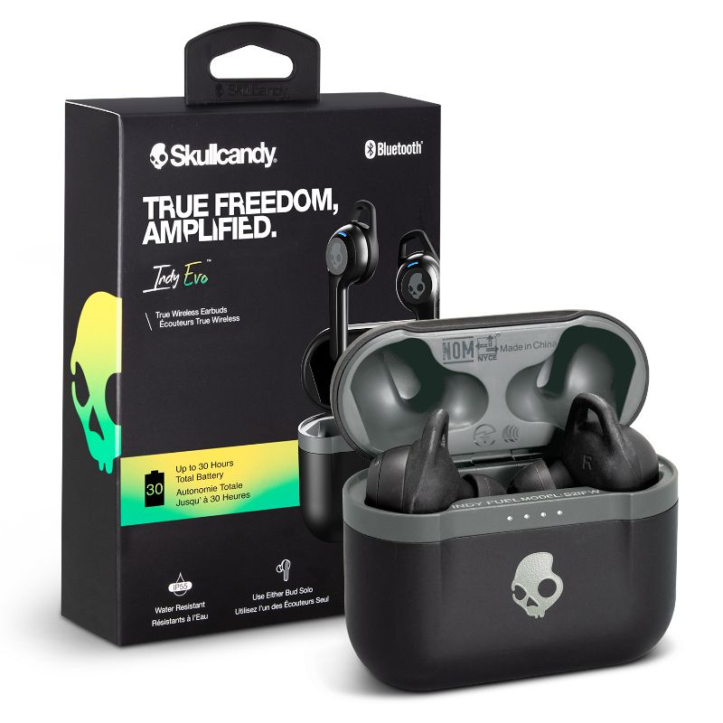 True wireless Skullcandy Indy Evo earbuds in sleek black, offering crisp sound, sweat resistance, and user-friendly touch controls.