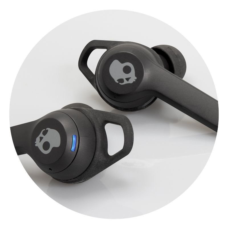 Black Skullcandy Indy Evo True Wireless Earbuds with superior sound, touch controls, IP55 rating, and Tile tracking technology.