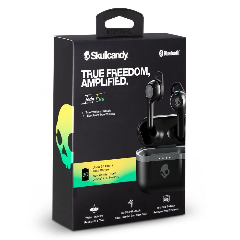 Skullcandy Indy Evo True Wireless Earbuds in Black, offering superior sound, 30-hour playtime, and sweat-resistant design.