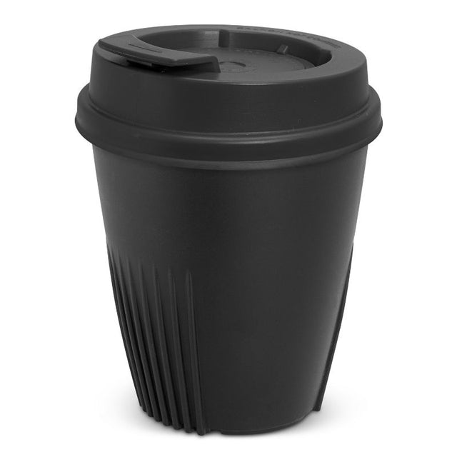 Set of 6 eco-friendly 355ml black reusable coffee cups with leak-proof lids and ergonomic heat-dispersing fins.