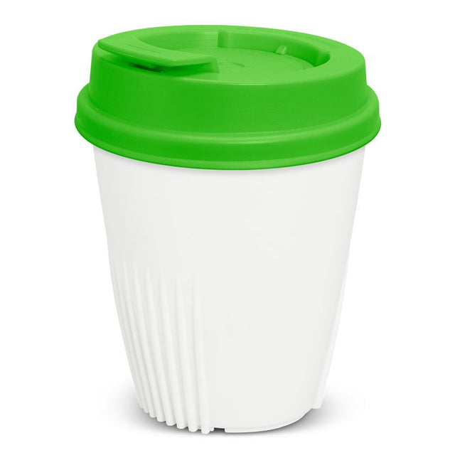 Set of 6 IdealCup reusable coffee cups in white and Kermit green, featuring ergonomic fins and a secure, leak-proof lid.