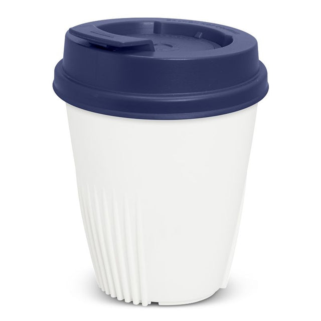 Eco-friendly reusable coffee cups in white and navy, set of 6, featuring ergonomic design and leak-proof lids.