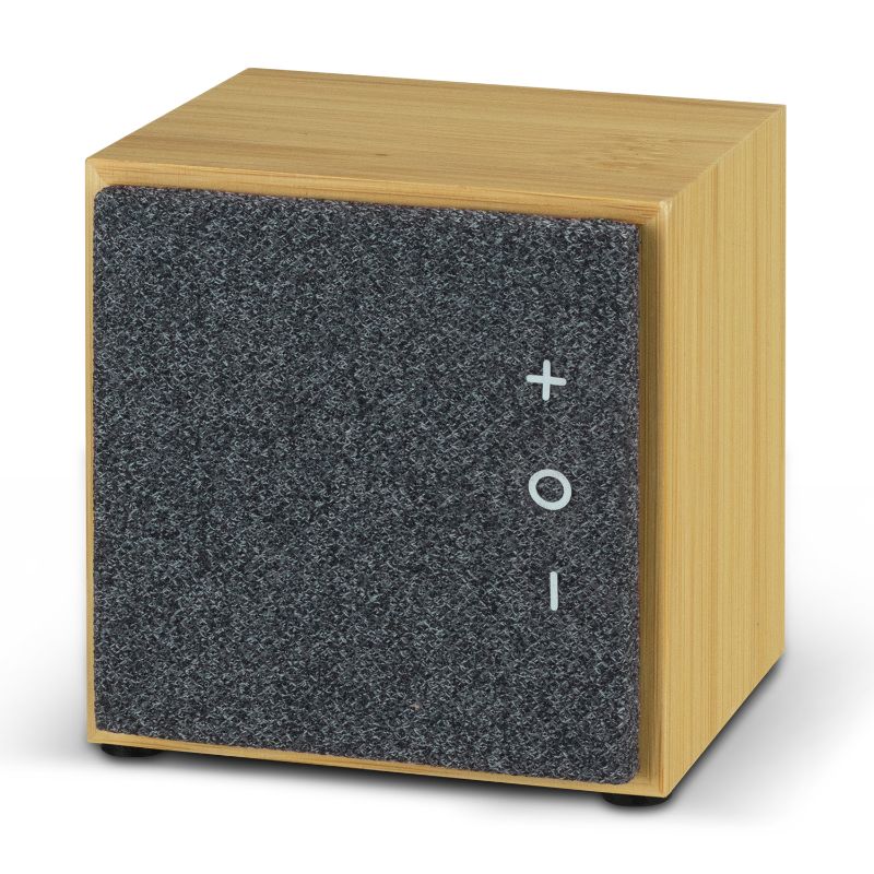 Natural bamboo Bluetooth speaker with heather polyester front, offering 6-hour playtime and eco-friendly design.