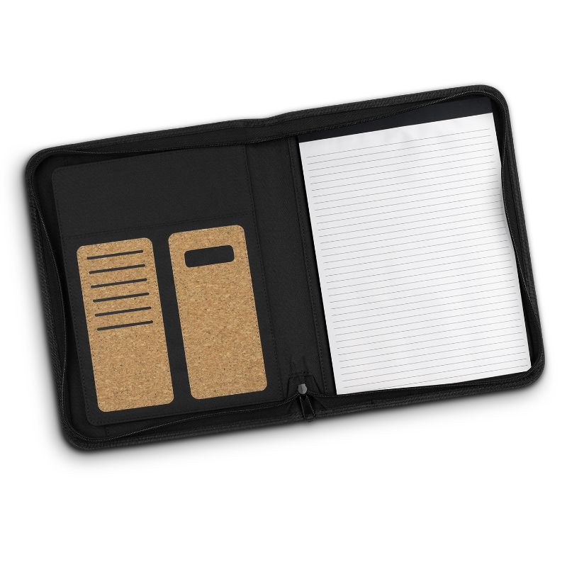 Eco-friendly cork portfolio with zip closure, lined pad, pen holder, card slots, and slip-side pocket for documents.
