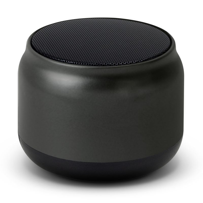 Auris Gunmetal Bluetooth Speaker set, stylish metal design, 3W output, 10m range, compact, rechargeable, ideal for gifting.