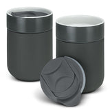 Set of three charcoal ceramic coffee cups with heat-resistant sleeves and slide-closure lids for stylish hot beverage enjoyment.