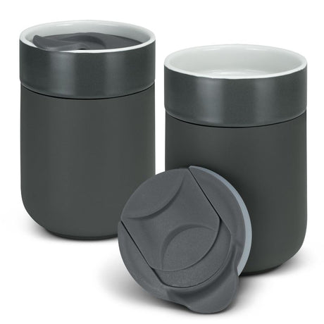 Set of three charcoal ceramic coffee cups with heat-resistant sleeves and slide-closure lids for stylish hot beverage enjoyment.