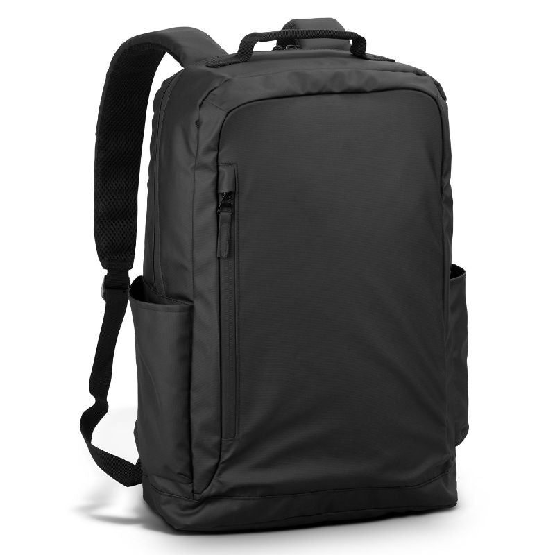 Sleek black Aquinas Backpack with waterproof coating, padded straps, and space for a 15-inch laptop or tablet.